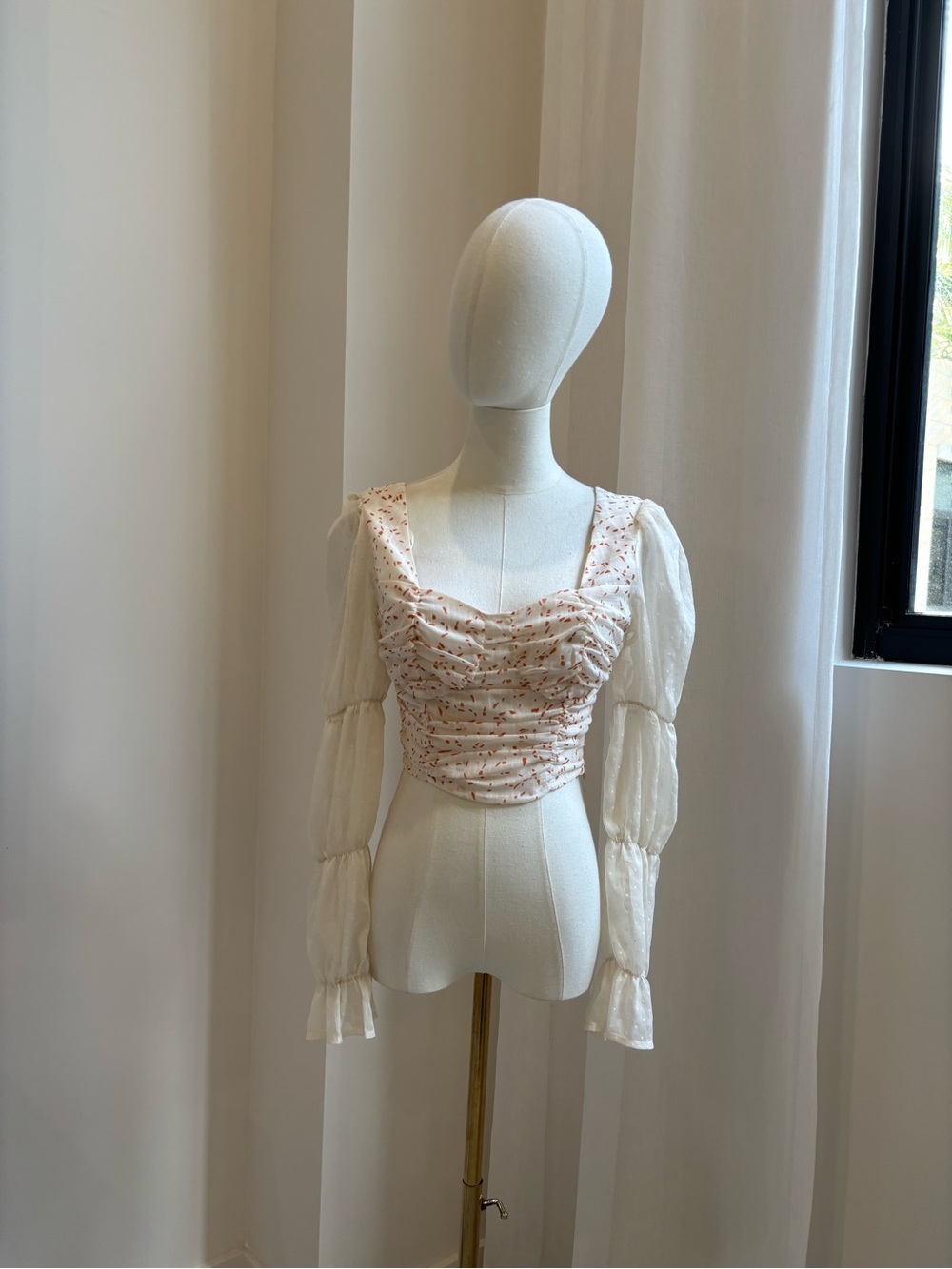Seven Wonders Cream Terracotta Ruched Corset Top with Sheer Puff Sleeves